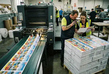 trabajadores de una imprenta de folletos en la jornada laboral